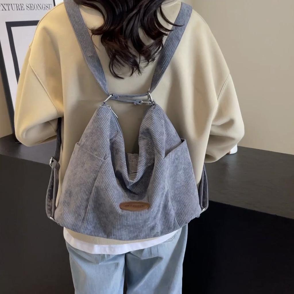 Corduroy Large Capacity Tote Bag Three-Back Shoulder Crossbody Bag Women Solid Color Backpack