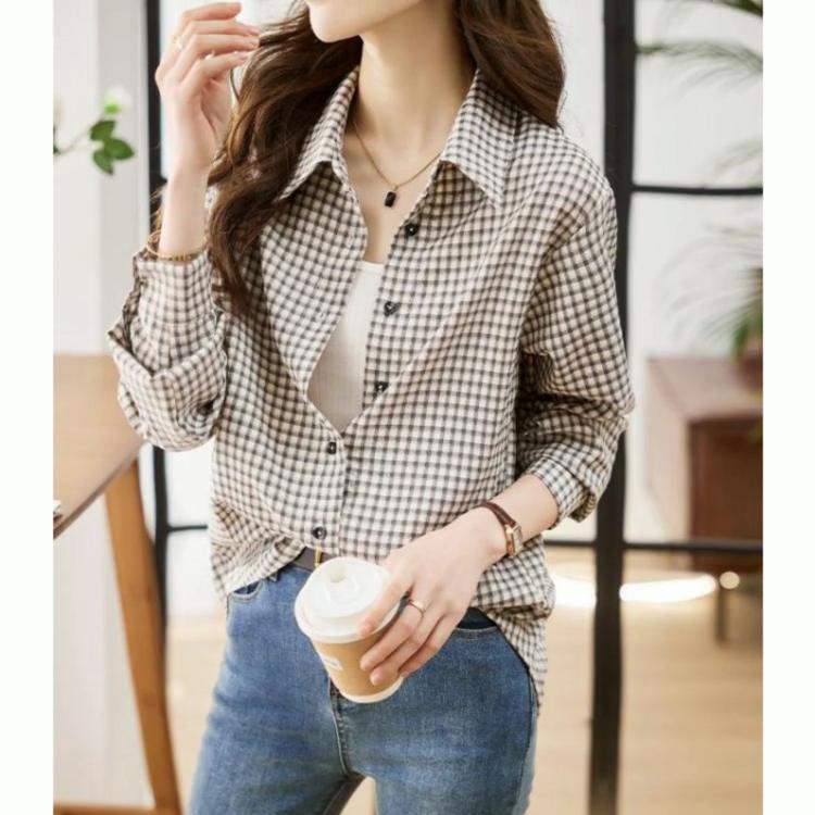 Office Lady Button Long Sleeve Spring Autumn Turn-down Collar Checkered Cardigan Women's Shirt Coats Casual Contrast Color Tops