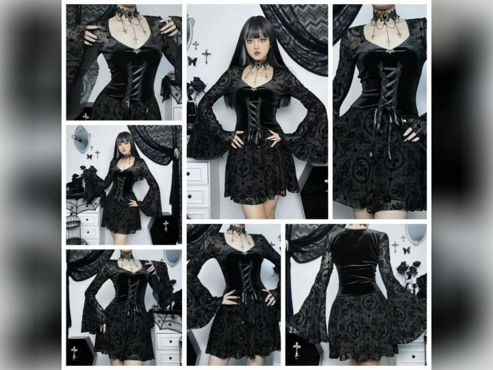 Gothic Goth Dark Elegant Vintage Velvet Dress Grunge Punk Bandage Women Flare Sleeve Party Outfit