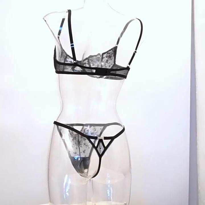 European and American Sexy Lingerie Embroidery Thin See-through Women's Sexy Bra Thong Panties