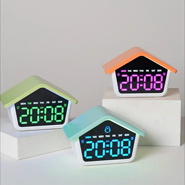 LED Digital Alarm Clock House Shaped Week Date Brightness Adjustment 2 Alarms Silent DST Snooze Table Clock with Ambient Light