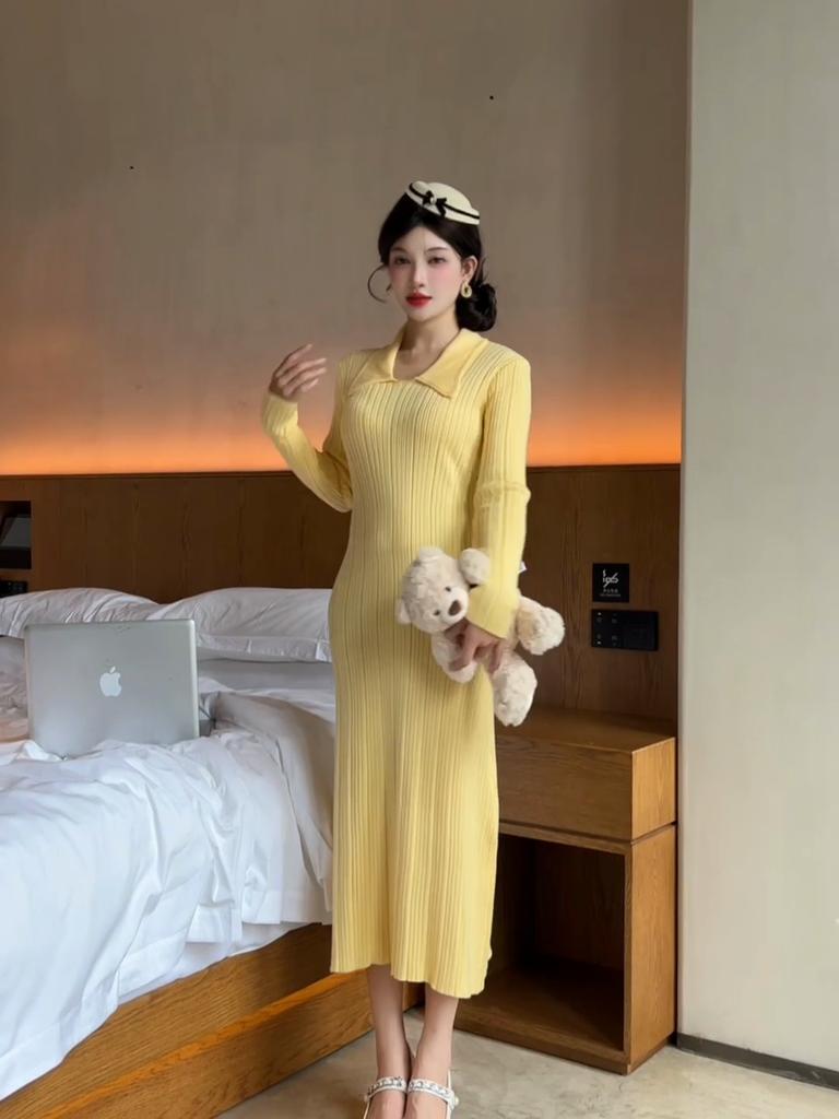 Autumn Winter Women Sweater Midi Dress Turn-Down Collar Yellow Knitting Dress Long Sleeve Knitted Elegant Feminine Dress