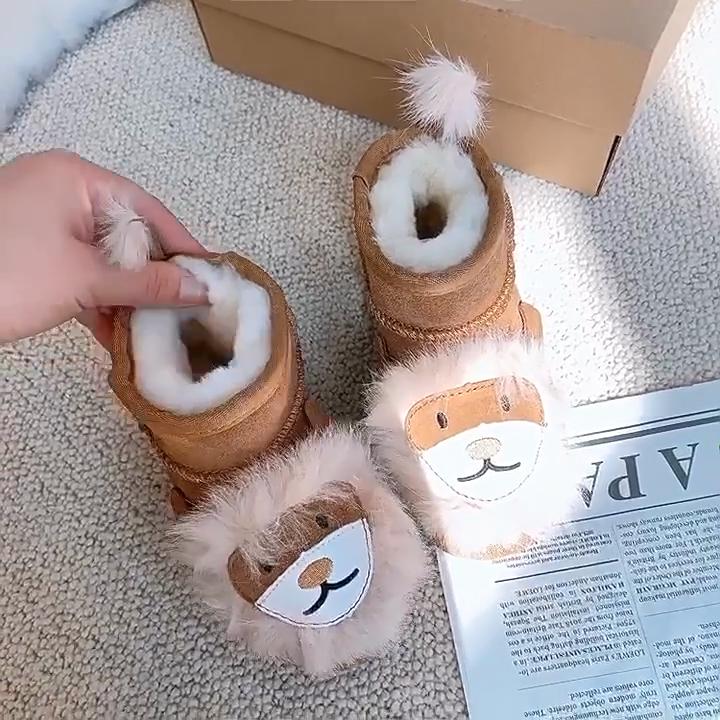 Genuine Leather and Fur Short Boots Little Lion Cartoon Snow Boots for Children Non-slip Warm Cotton Shoes