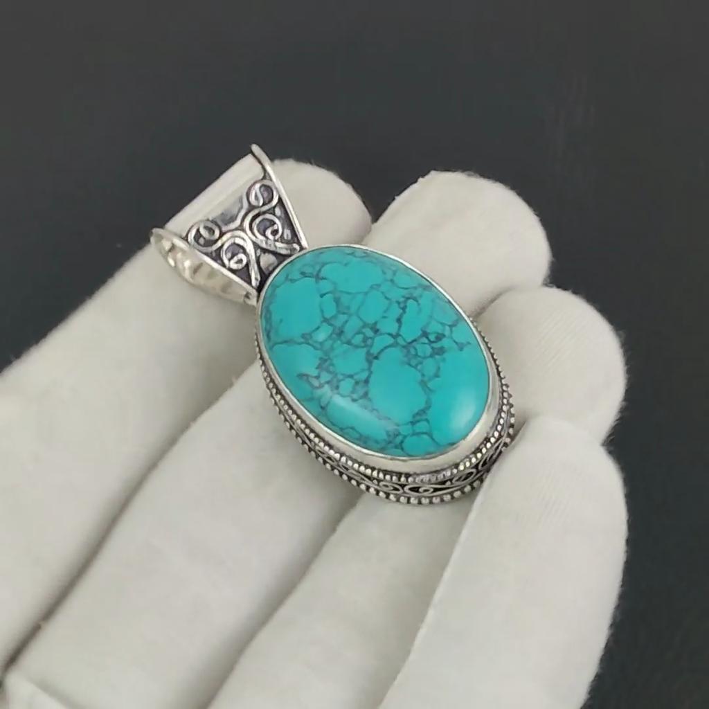 Pendentif en argent sterling 925 avec turquoise naturelle - Design ovale fait main, bijou de tous les jours, cadeau de fête des mères