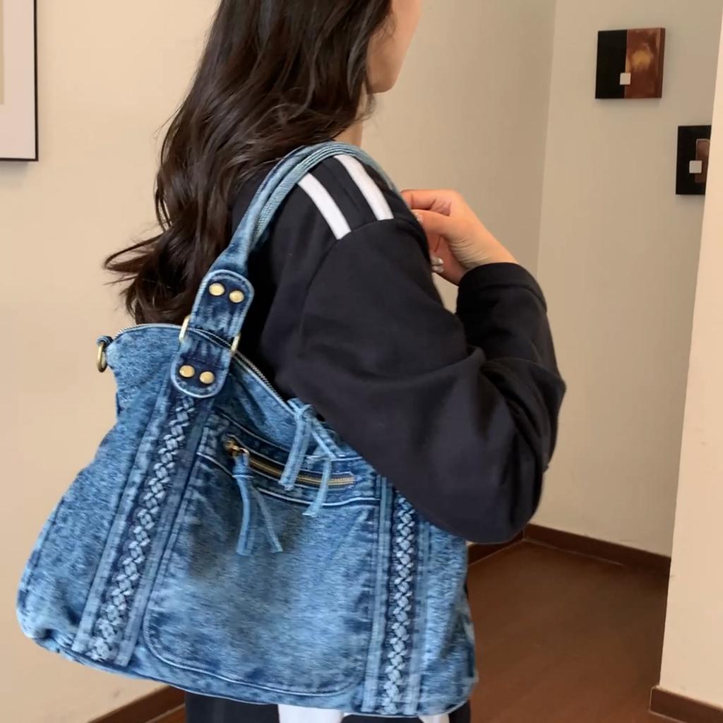 Vintage Denim Handbag with Braided Details Large Capacity Shoulder Crossbody Bag for Women