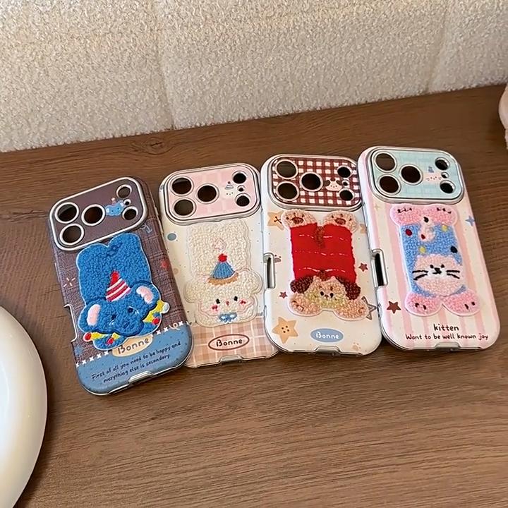 Korean Cartoon Embroidery Plush Animals Leather Texture Phone Case For iPhone 17 13 14 15 16 12 11 Pro Max Shockproof Soft Cover