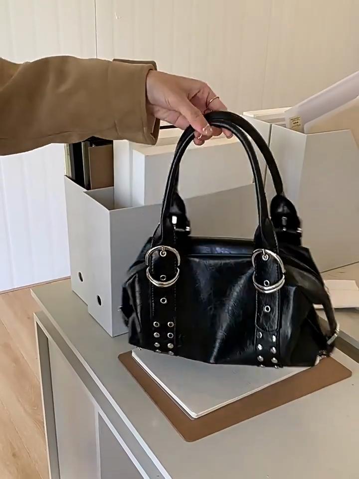 Black Faux Leather Shoulder Handbag Rivet Buckle Decor Vintage Satchel Bag with Top Handles