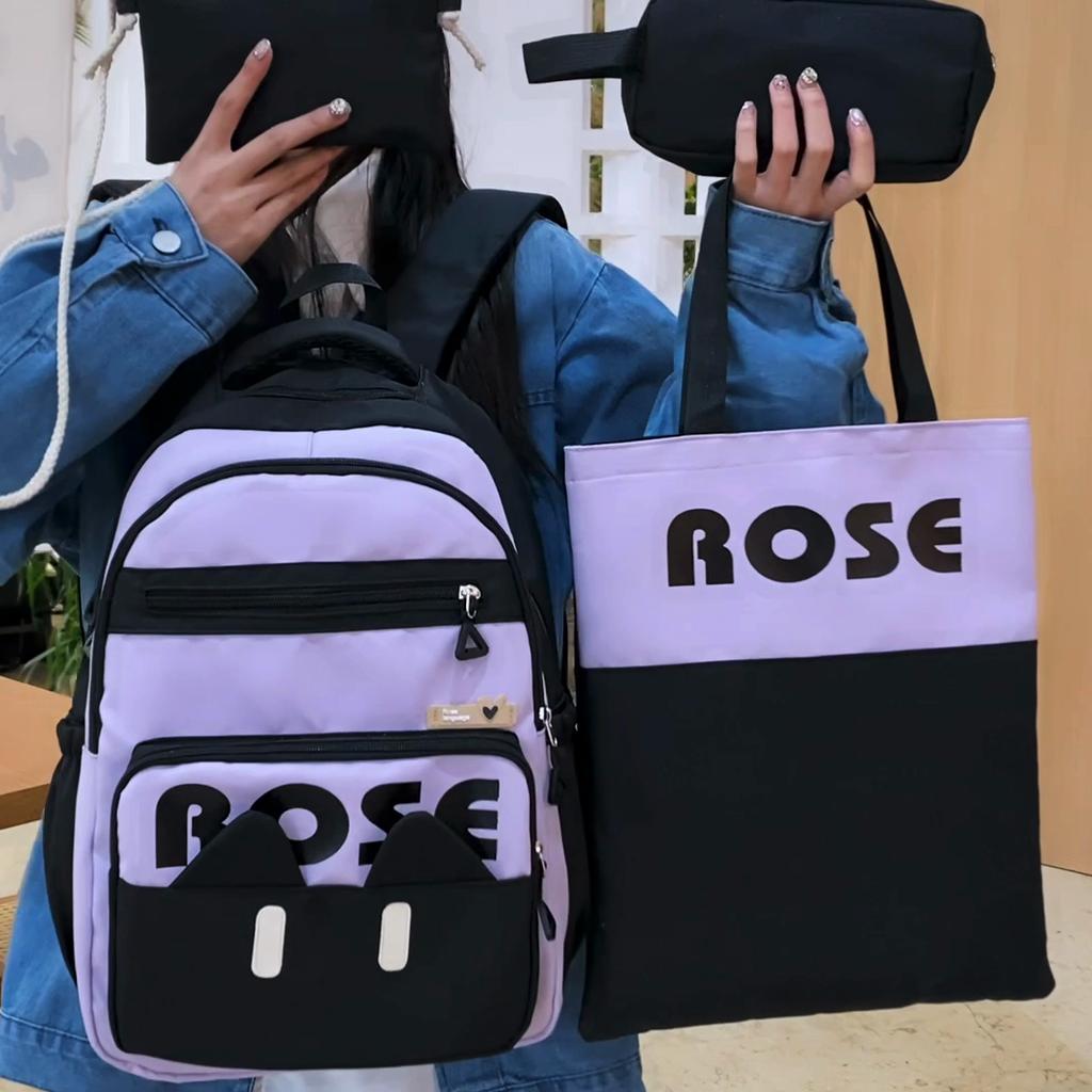Four-Piece Backpack Set Schoolbag for Primary and Middle School Students Women's Multi-Layer Large Capacity Color Contrast Lightweight Backpack