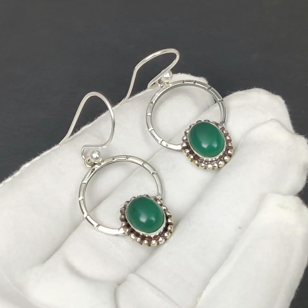 Natürliche grüne Onyx Edelstein Ohrringe, 925 Sterlingsilber Ohrringe, Handgefertigter Boho Silberschmuck Hängeohrringe, Jubiläumsgeschenke