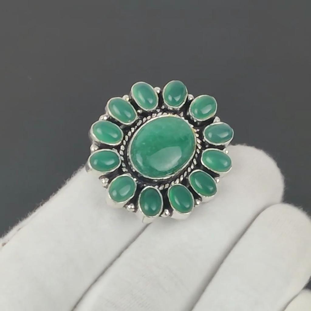 Smaragd, Ring med grön onyx-ädelsten, 925 sterlingsilverring, Gåva till henne, Oval sten, Elegant handgjord ring, Silverring med grön onyx-blomma