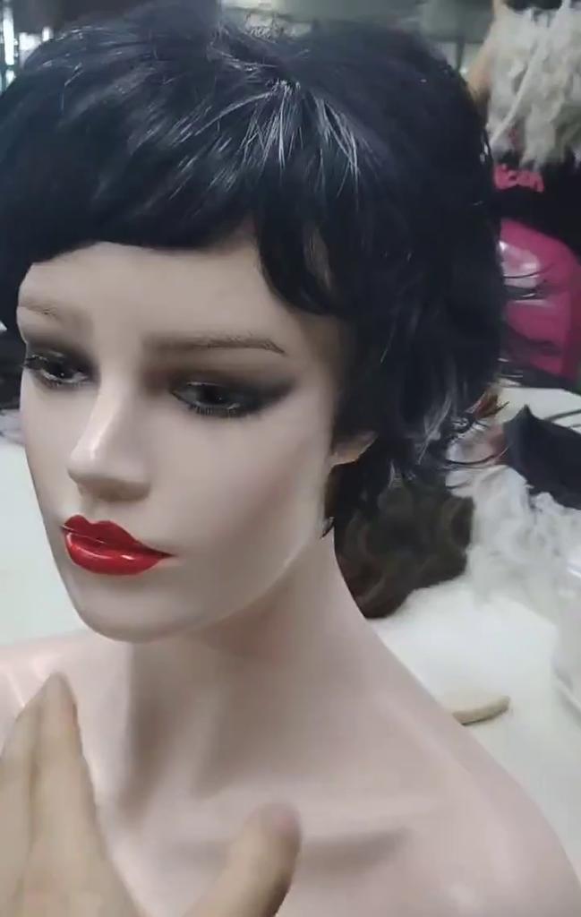 Ladies' Black and White Slanted Bangs, Short Curly Hair