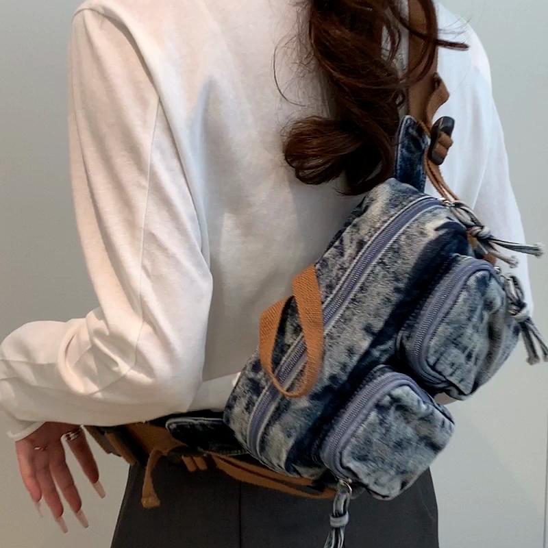 Geantă Crossbody Geantă pentru Telefon Mobil pentru Femei Geantă de Umăr din Denim cu Buzunar Dublu