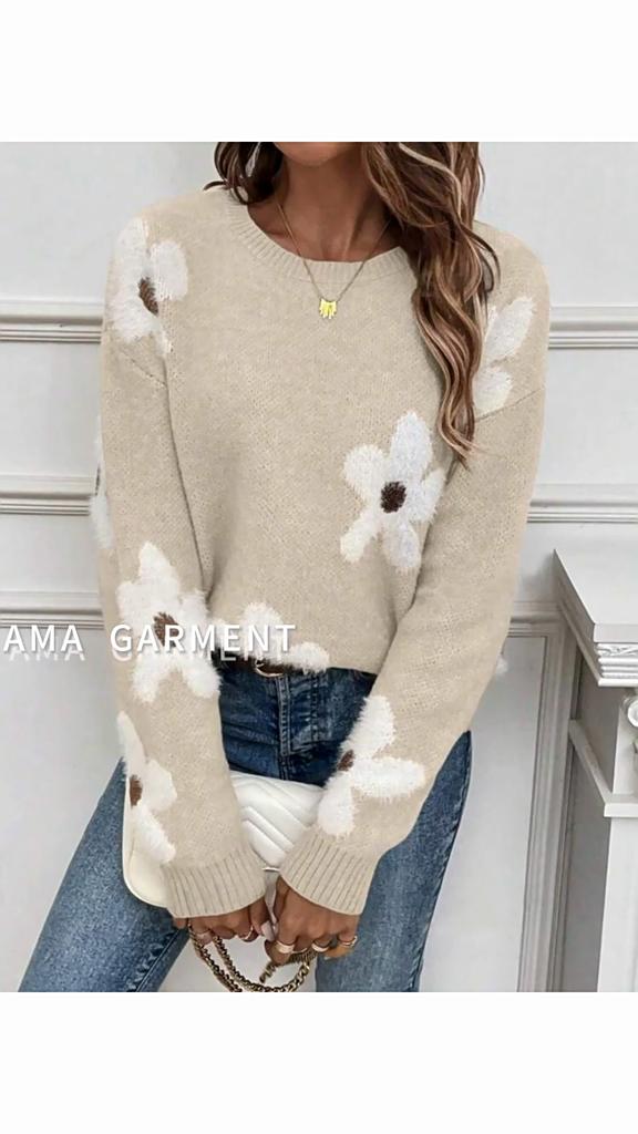 Svetr s kapucí, kulatým výstřihem a dlouhým rukávem s květinovým žakárovým vzorem pro podzimní ženy