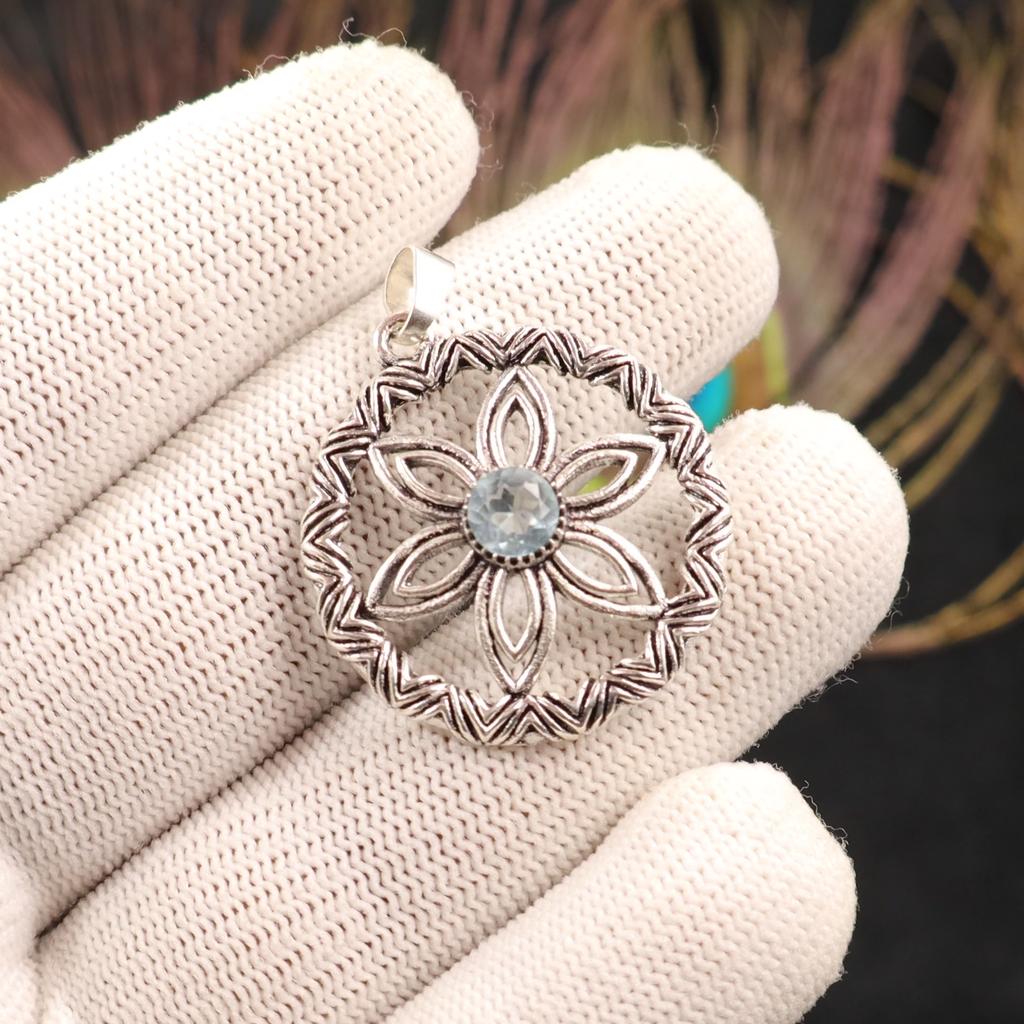 Natural Sky Blue Topaz Gemstone 925 Sterling Silver Jewelry Boho Pendant 1.48" CP-29-13