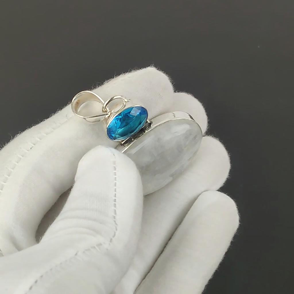 Natural Rainbow Moonstone Pendant 925 Sterling Silver Jewelry – Boho Statement Necklace – Blue Topaz Gemstone Pendant Unique Gifts for Her