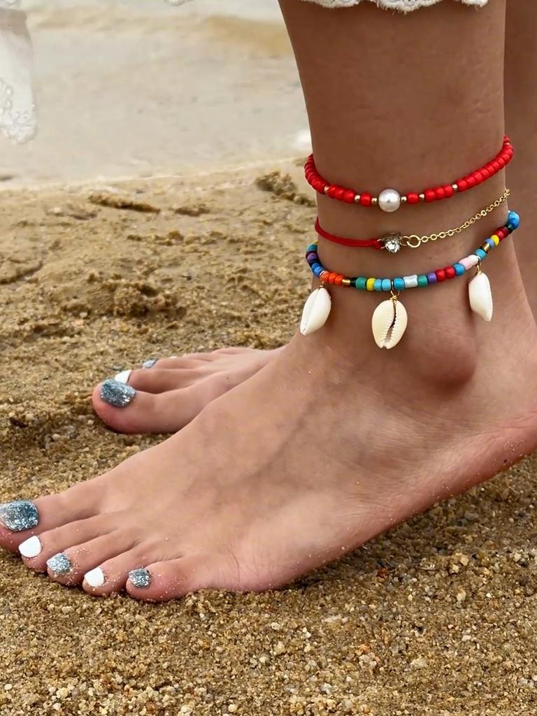 Cross Border Beach Series Vacation Style Shell Bead Multi-Layer Ankle Chain Personalized Colorful Rice Bead Ankle Chain Three Piece Set