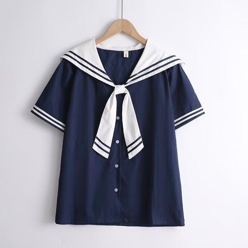 Hochwertige Sommer Baumwollblusen Damen Kawaii Hemden Harajuku Matrosenkragen Marineblaue Bluse Kurzarm Gestreift JK College Ins Schickes Oberteil