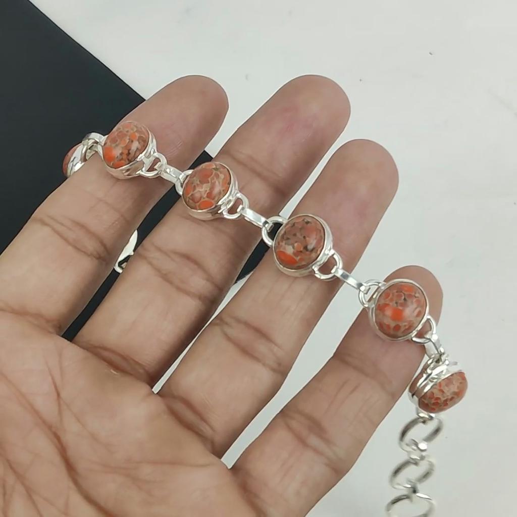 Natural Orange Turquoise Gemstone Handmade 925 Sterling Silver Bracelet, Orange Turquoise Bracelet For Wife , Unisex Bracelet Gift For Love