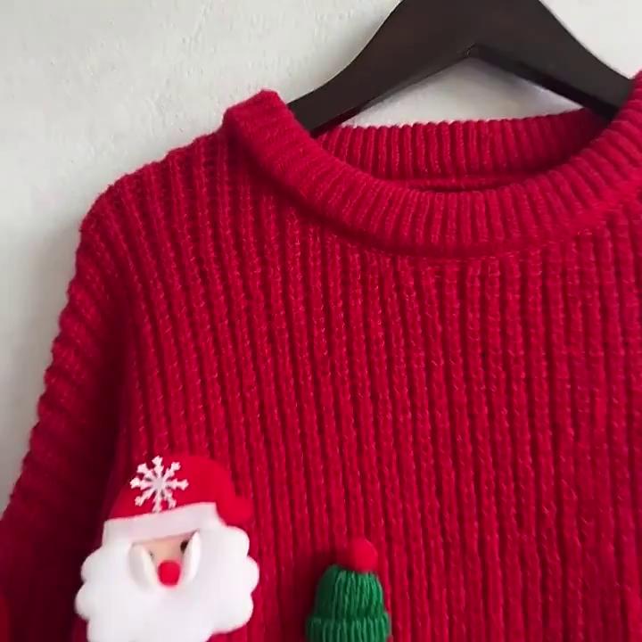 Women Christmas Sweater Santa Claus Xmas Hat Decor Loose Fit Knitting Tops Round Neck Long Sleeve Autumn Winter Sweater