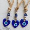 Handmade Heart Shaped Blue Evil Eye Pendant Turkish Blue Glass Ornament with Silver Beads Unique Home Decor Bag Car And Wall Decoration