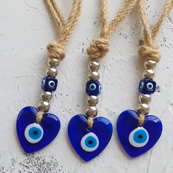 Handmade Heart Shaped Blue Evil Eye Pendant Turkish Blue Glass Ornament with Silver Beads Unique Home Decor Bag Car And Wall Decoration