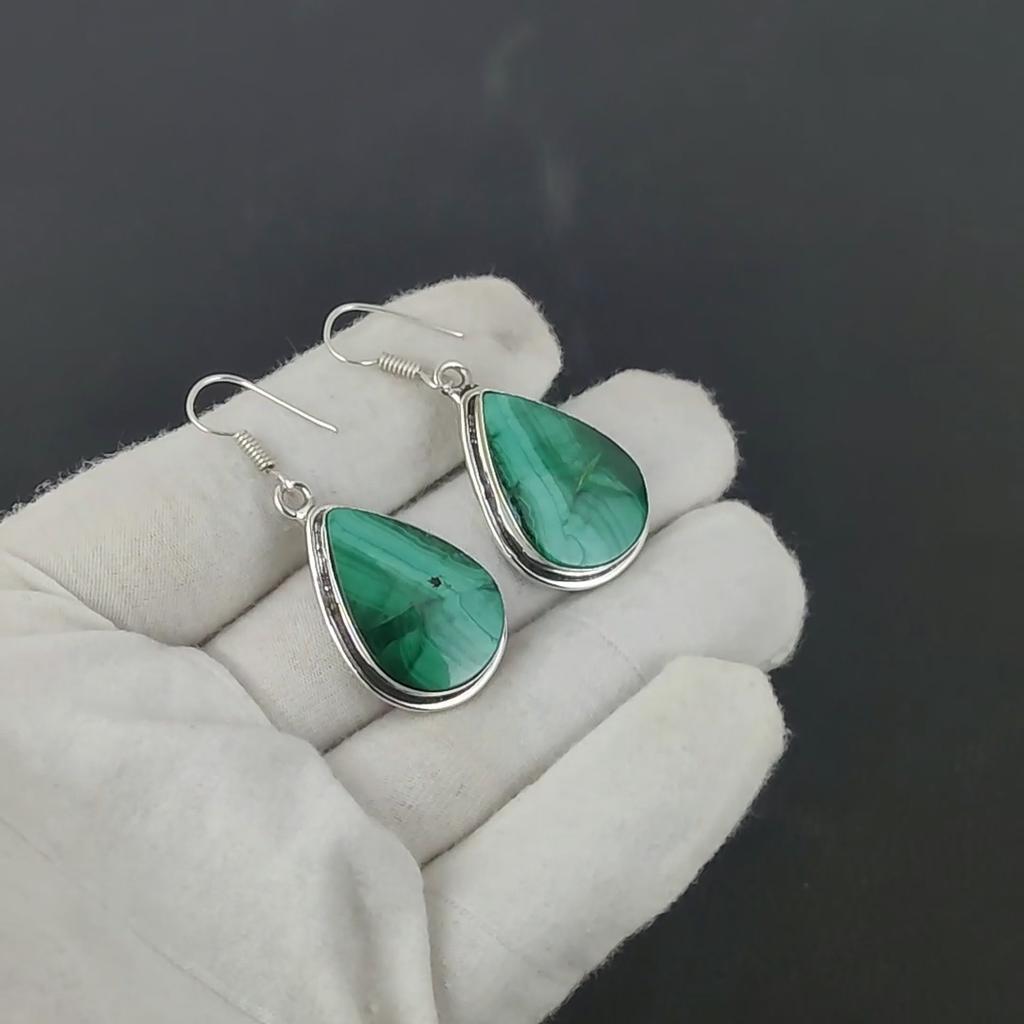 Orecchini antichi in pietra preziosa naturale di malachite, orecchini in argento sterling 925, orecchini pendenti con gioielli in argento Boho, regali per feste, regali per lei