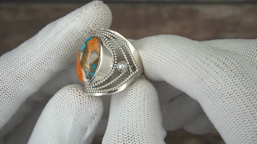 925 Sterling Silver Bold Gemstone Ring – Natural Moonstone or Spiny Oyster Ring for Women