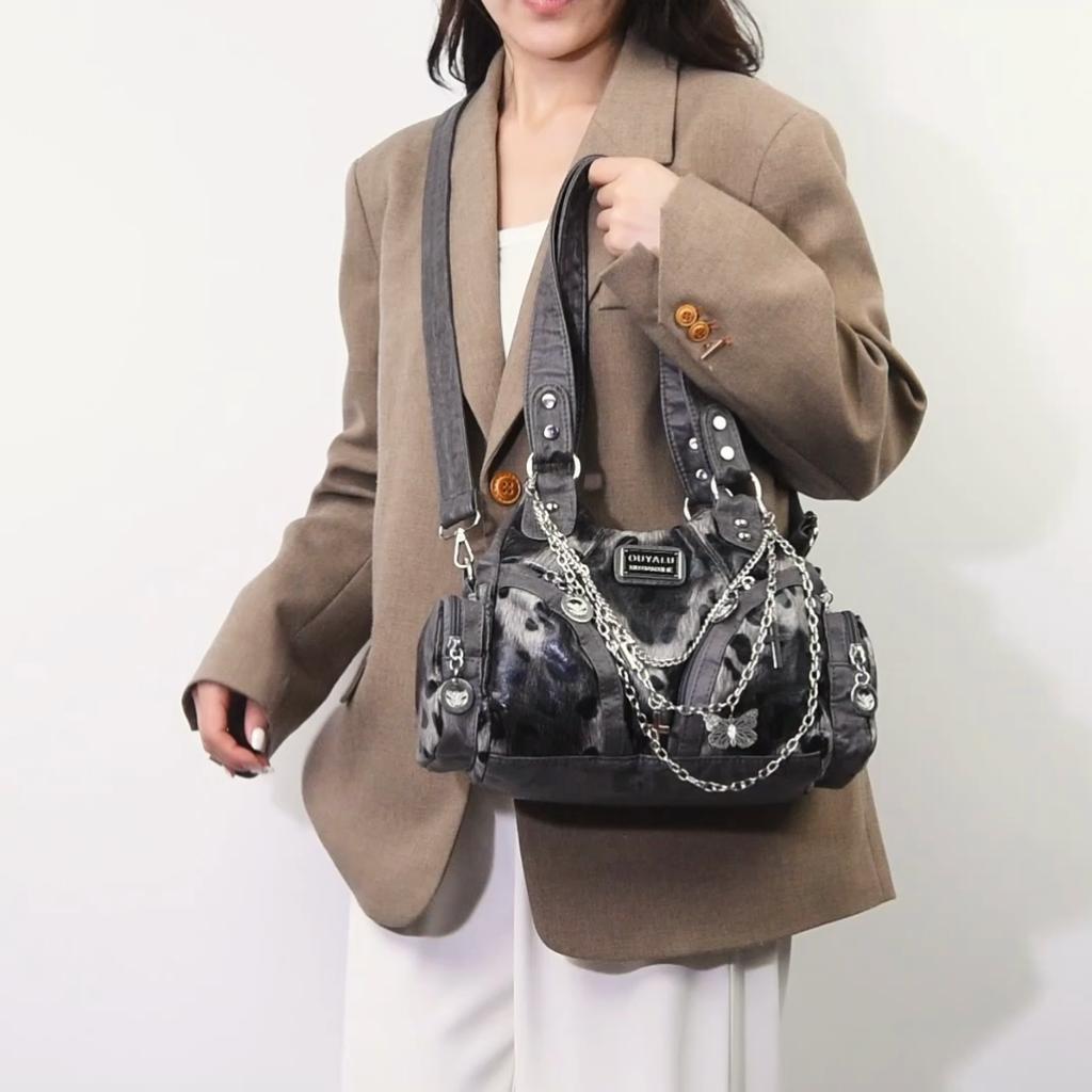 Women Y2K Leopard Print Faux Leather Shoulder Bag, Gothic Chain Butterfly Crossbody Handbag, Large Capacity Multi Pocket Punk Style Daily Travel Tote