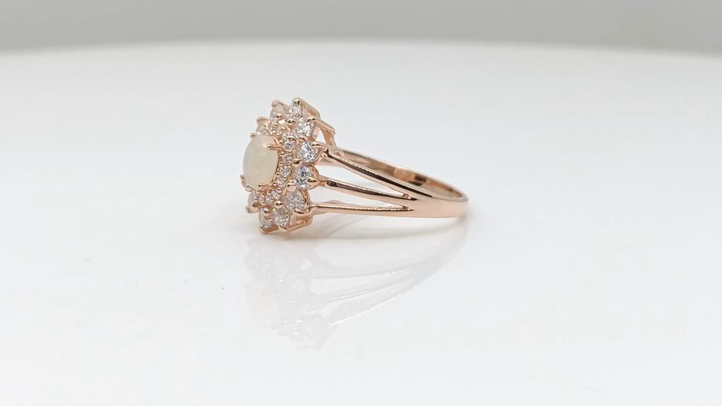 6X4MM Oval Opal Gemstone 925 Sterling Silver Rose Plated Halo Split Shank Ring