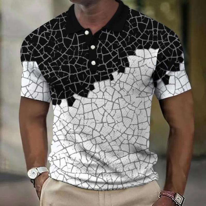 Slim Fitting Business Office High-end Polo Shirt, Button Lapel Fragment Element Printed Short Sleeved Polo Shirt.