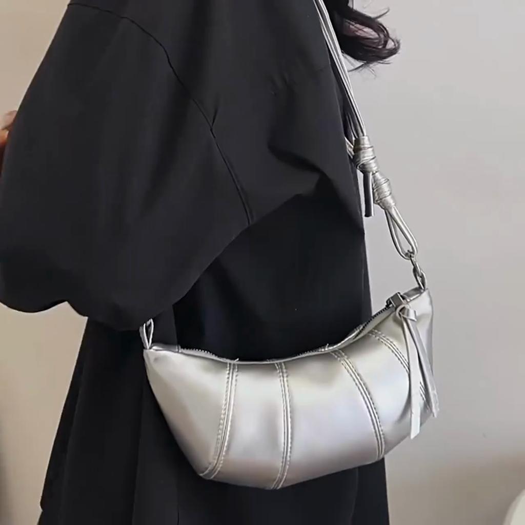 Yogodlns French Croissant Bag Chic Fashion Silver Crossbody Bag Retro PU Mini Boulogne Handbag Casual Cute Shoulder Bag