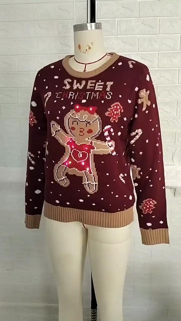 BITCED Pulover de damă pentru toamnă/iarnă cu model om de turtă dulce Pulover cu mâneci lungi cu lumini LED Jumper de Crăciun