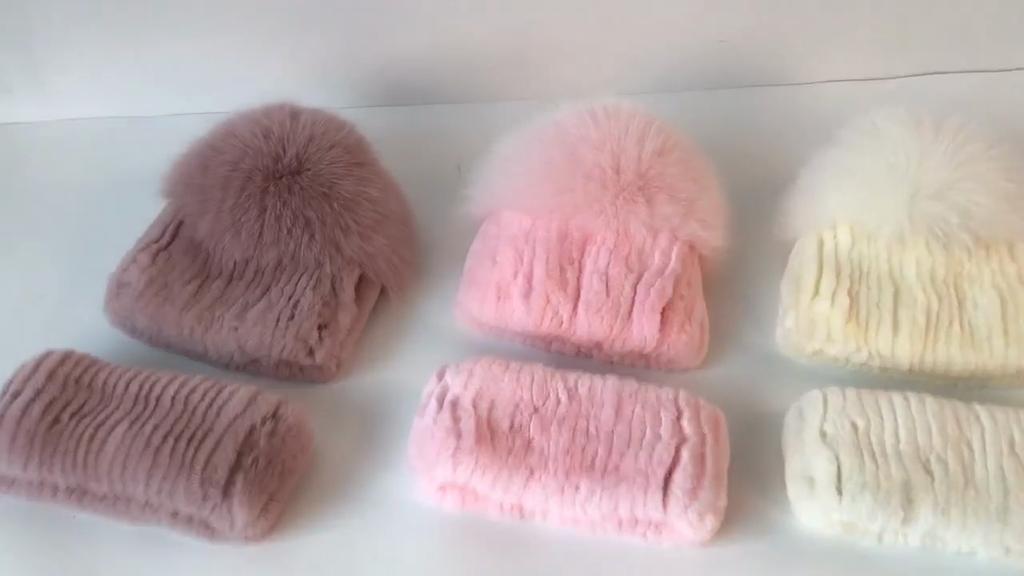 Women Winter Real Fur Hat Scarf 2 Pieces Knitted Rex Rabbit Fur Hat Top Natural Fox Fur Cap Scarves Sets Lady Warm Real Fur Caps