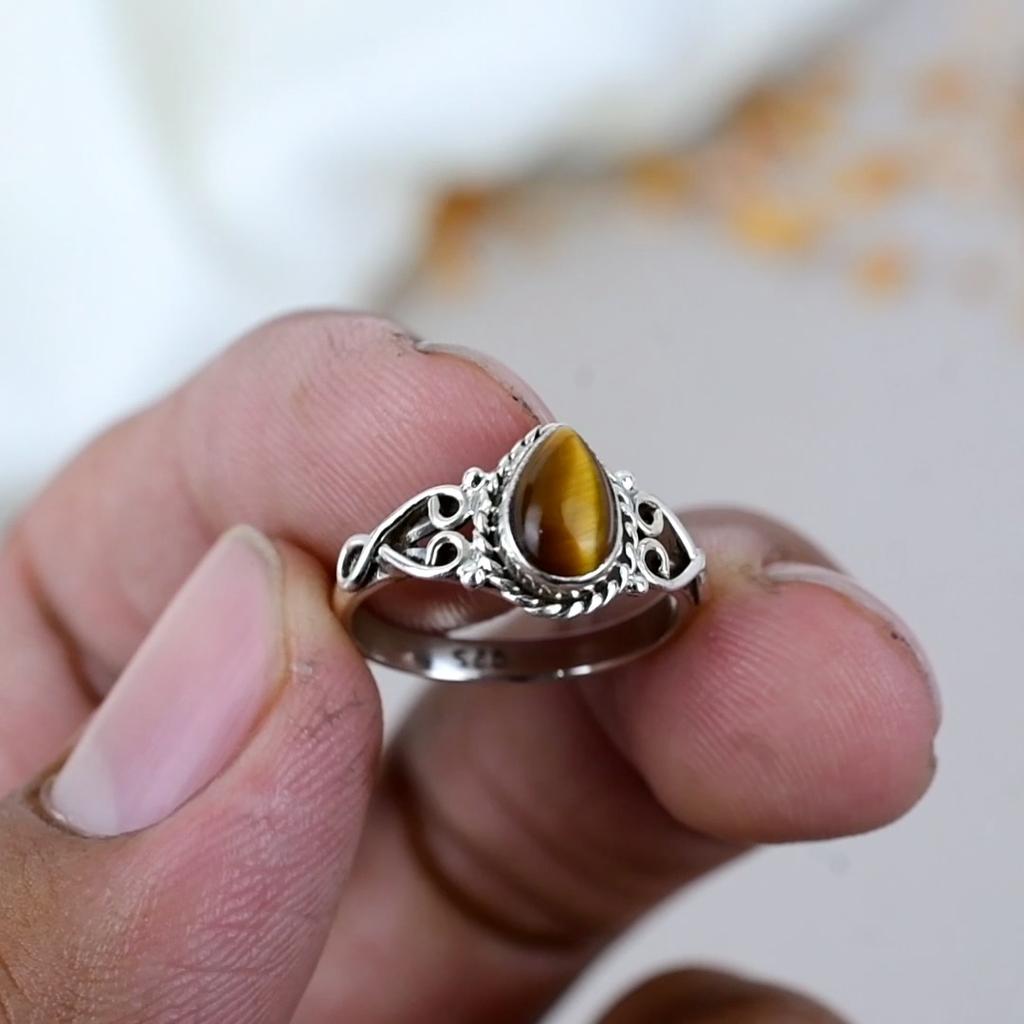 925 Sterling Silver Tiger Eye Gemstone Pear Shape Brown Ring For Women