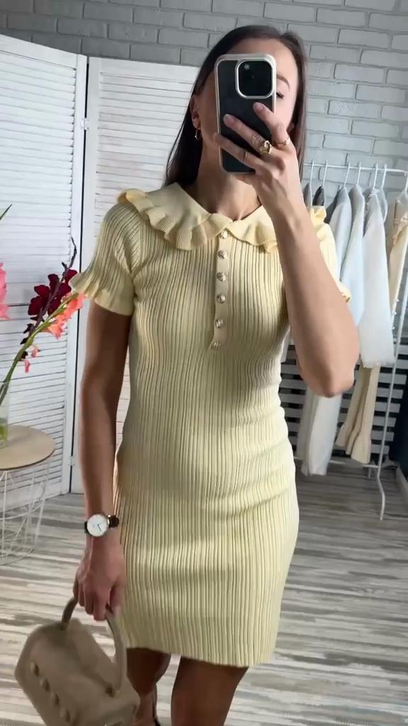 Women's Knitted Dress Summer High Waist Short Sleeve Ruffle Neck Bodycon Dresses Femme Slim Vacation Clothes French Vintage Elegant Evening Dress