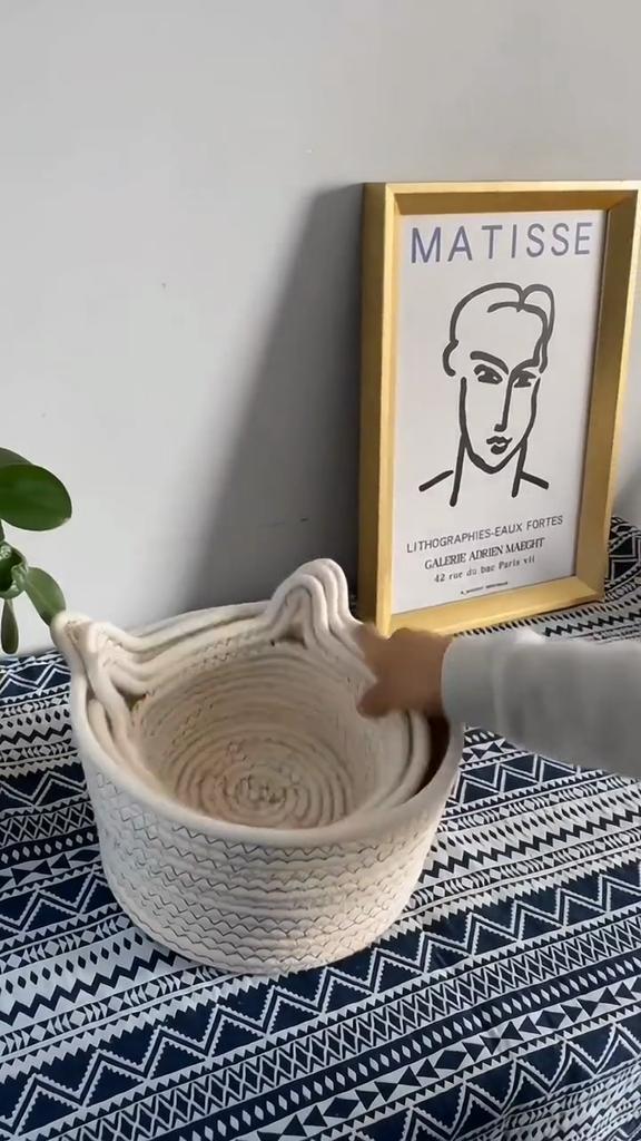 Storage Basket Cotton Basket Woven Basket Rattan Cat Ears Round Storage Basket Table Top Storage Hand-woven