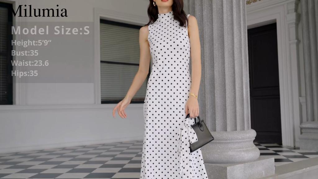 European Style Vintage Polka Dot Print Sleeveless Round Neck Slim Fit A Maxi Dress