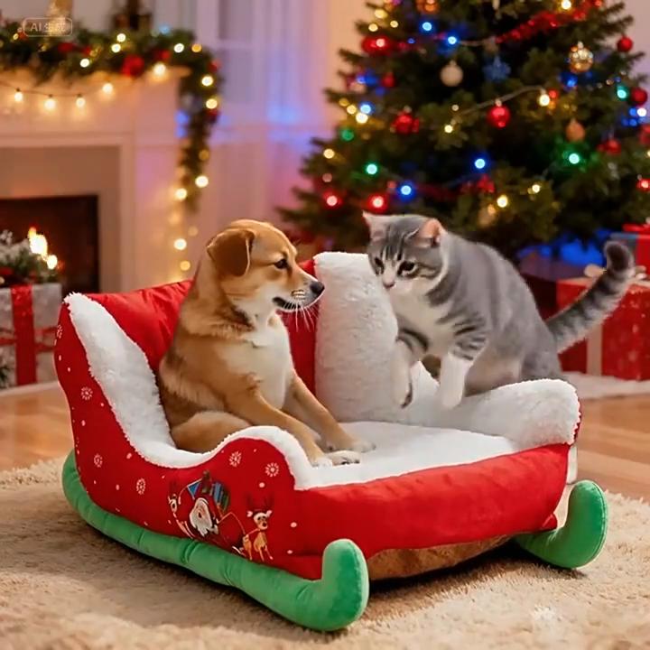 Christmas Sleigh Dog Bed for Cats Festive Cozy Insulated Nest for Winter Holiday Puppy Animal Calming Sleeping Cat Cold Weather Nights Cozy Indoor