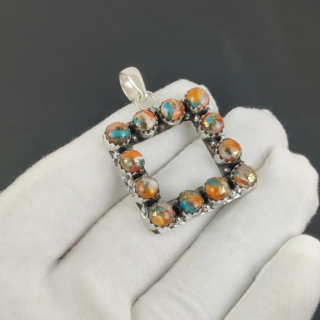 Natural Orange Spiny Oyster Gemstone Silver Pendant In 925 Sterling Silver- Handmade Design, Everyday Wear Jewelry, Unique Pendant Father's Day Gift