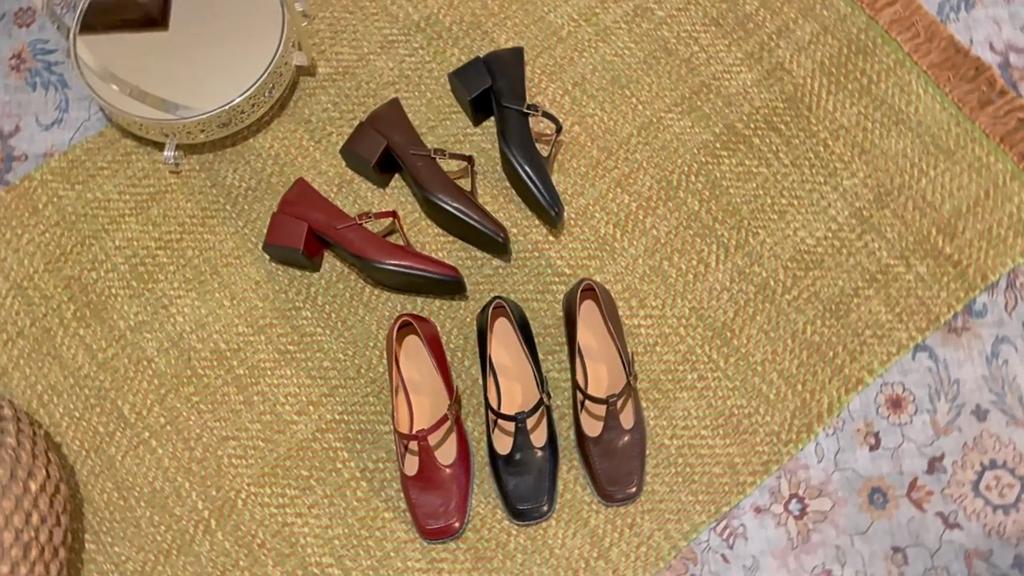 Retro Firkantet Tykk Hæl Mary Jane Sko Elegante Damesko En-stropp Pendlersko Mykt Skinn T-formet Lavskårede Enkelsko