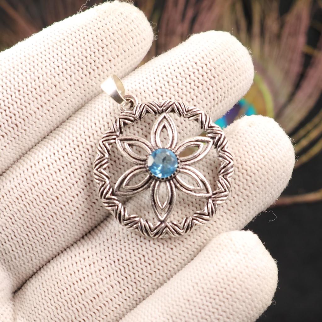 Swiss Blue Topaz Gemstone 925 Sterling Silver Handmade Pendant 1.48" For Gift CP-29-5