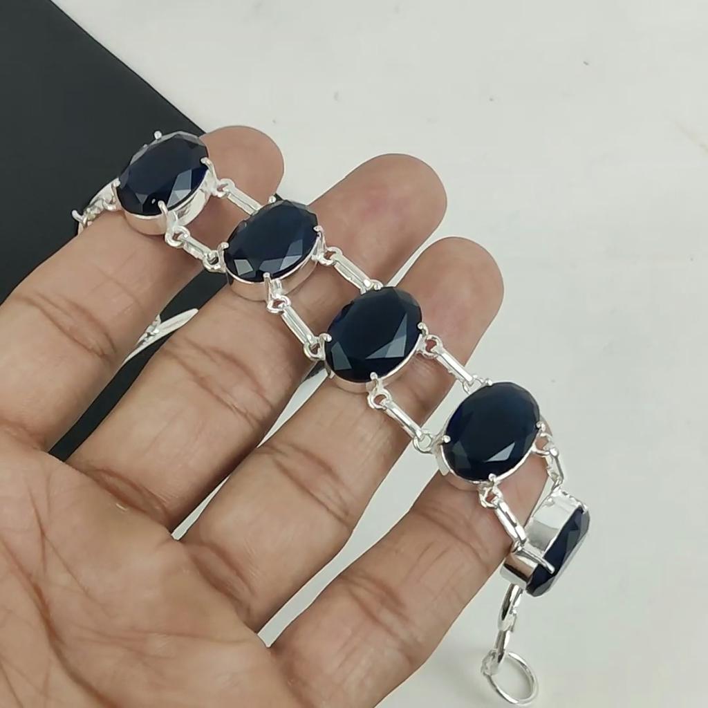 Dainty Blue Sapphire Gemstone Handmade 925 Sterling Silver Bracelet, Blue Sapphire Bracelet For Wife , Unisex Bracelet Father's Day Gift