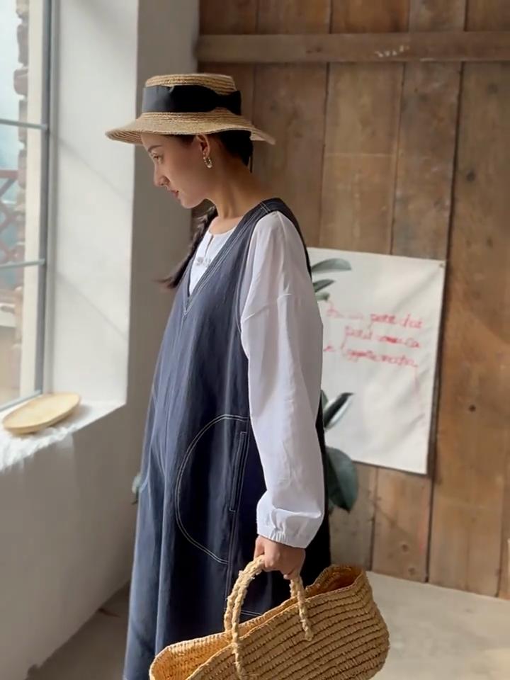 Johnature Women Vintage Dresses V-Neck Sleeveless Solid Color Patchwork Pockets Cloths Spring Casual Dress