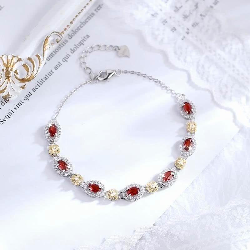 S925 Sterling Silver Bracelet For Women Inlaid Natural Garnet Topaz Crystal Fine Hand Jewelry