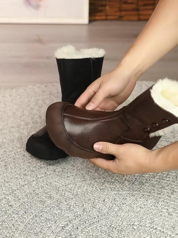 Johnature Genuine Leather Snow Boots Women's Shoes Plush Warm Versatile Soft Soled Mid-calf Boots