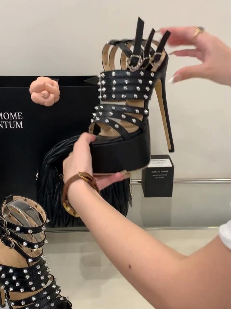 Eilyken New Design Rivet Narrow Band Buckle Strap Women Sandals Sexy Platform Super Thin High Heels Stripper Prom Shoes