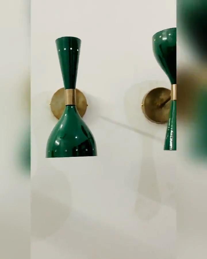 Mid Century Modern Brass Wall Sconce: Green Diabolo Lamp, Pair