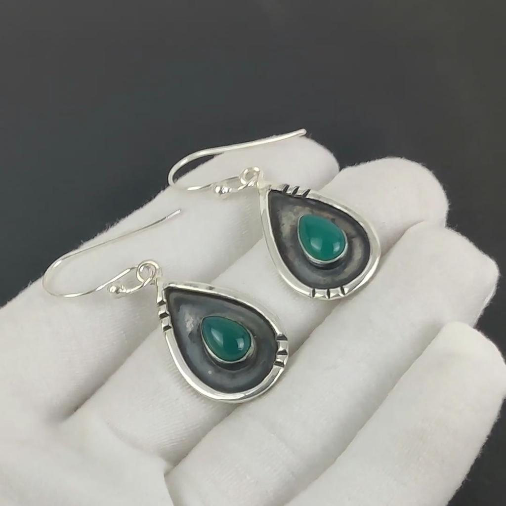 Natural Green Onyx Gemstone Earrings, 925 Sterling Silver Earring, Handmade Boho Silver Jewelry Dangle Earrings, Anniversary Gift