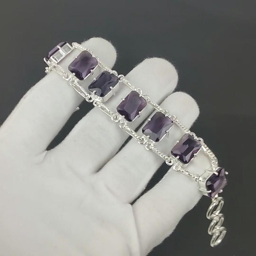 Faceted Amethyst Bracelet 925 Sterling Silver Jewelry Adjustable Chain Bracelet Cushion Shape Gemstone Handmade Jewelry Gift For Her