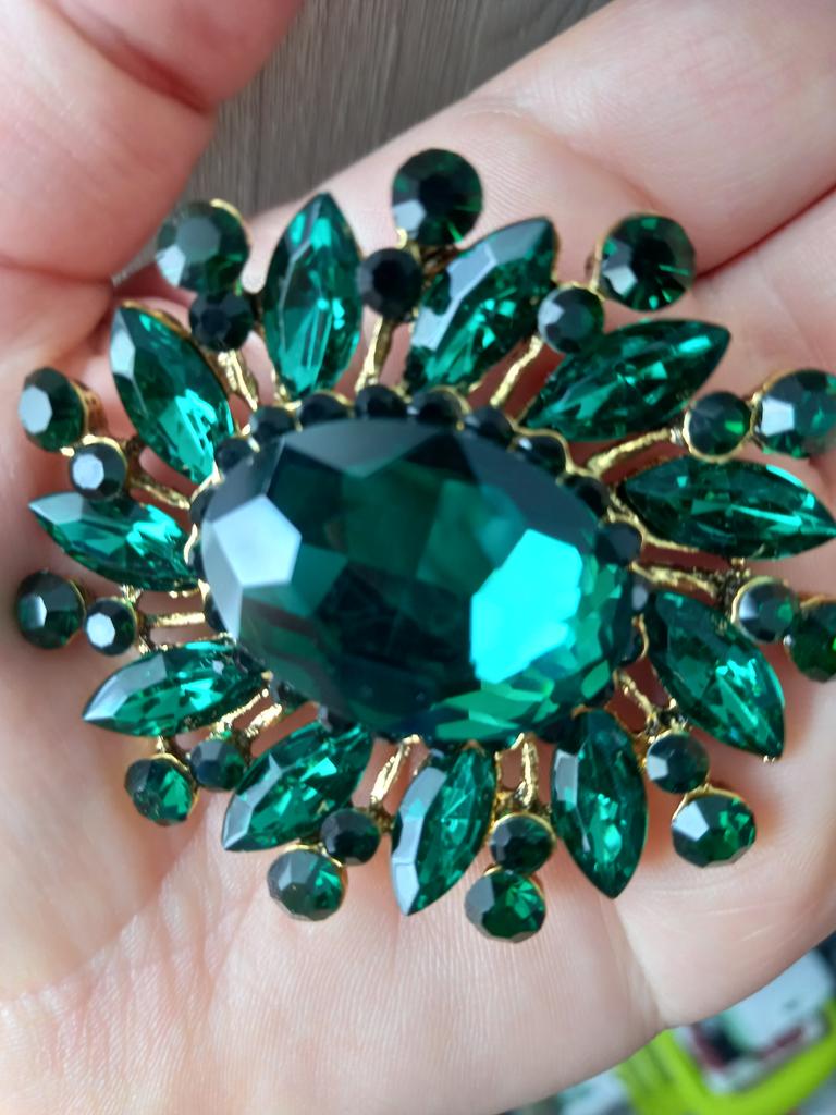 Ancienne Broche Fantaisie Pierre Verte Agate? 4 Petits Strass Métal
